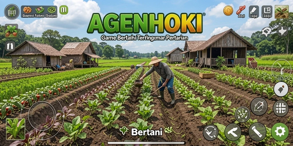 Antarmuka AGENHOKI yang menampilkan dunia pertanian yang berwarna-warni.